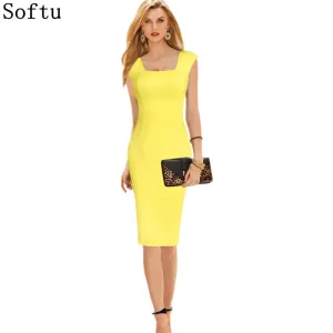 Softu Women Summer Style Dress Sexy Knee Length Short Sleeve Bodycon Slim Pencil Dresses Sheath Solid Office Dress