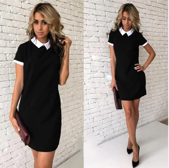 Summer Dress Robe 2017 Women Turn-down Collar Short Sleeve Office Dresses Casual Straight Mini Dress Vestidos Mujer Pink GV634