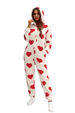 TEEK - Fuzzy Heart Hooded Lounge Jumpsuit