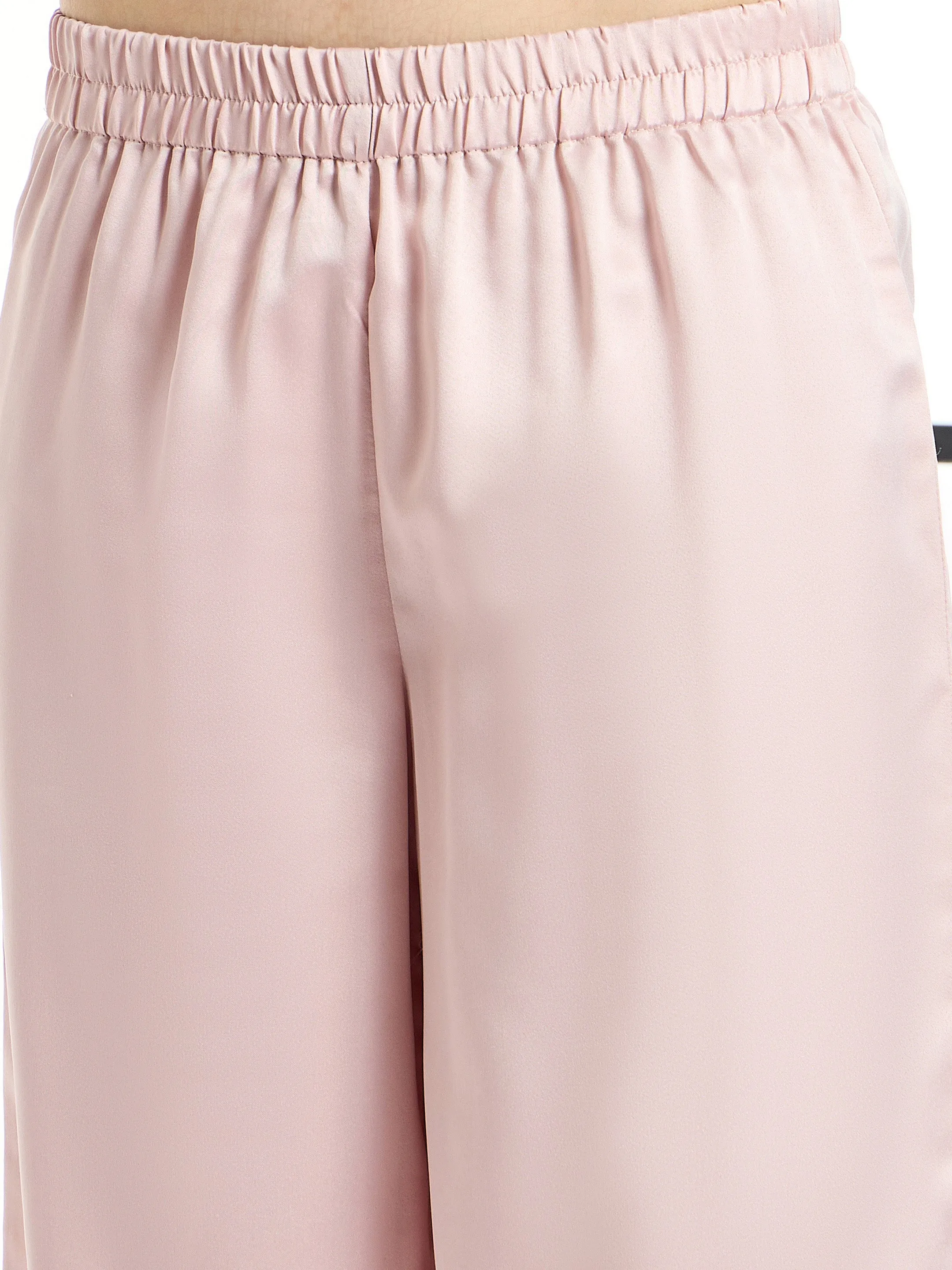 Women Pink Satin Notch Collar Shirt With Lounge Pants