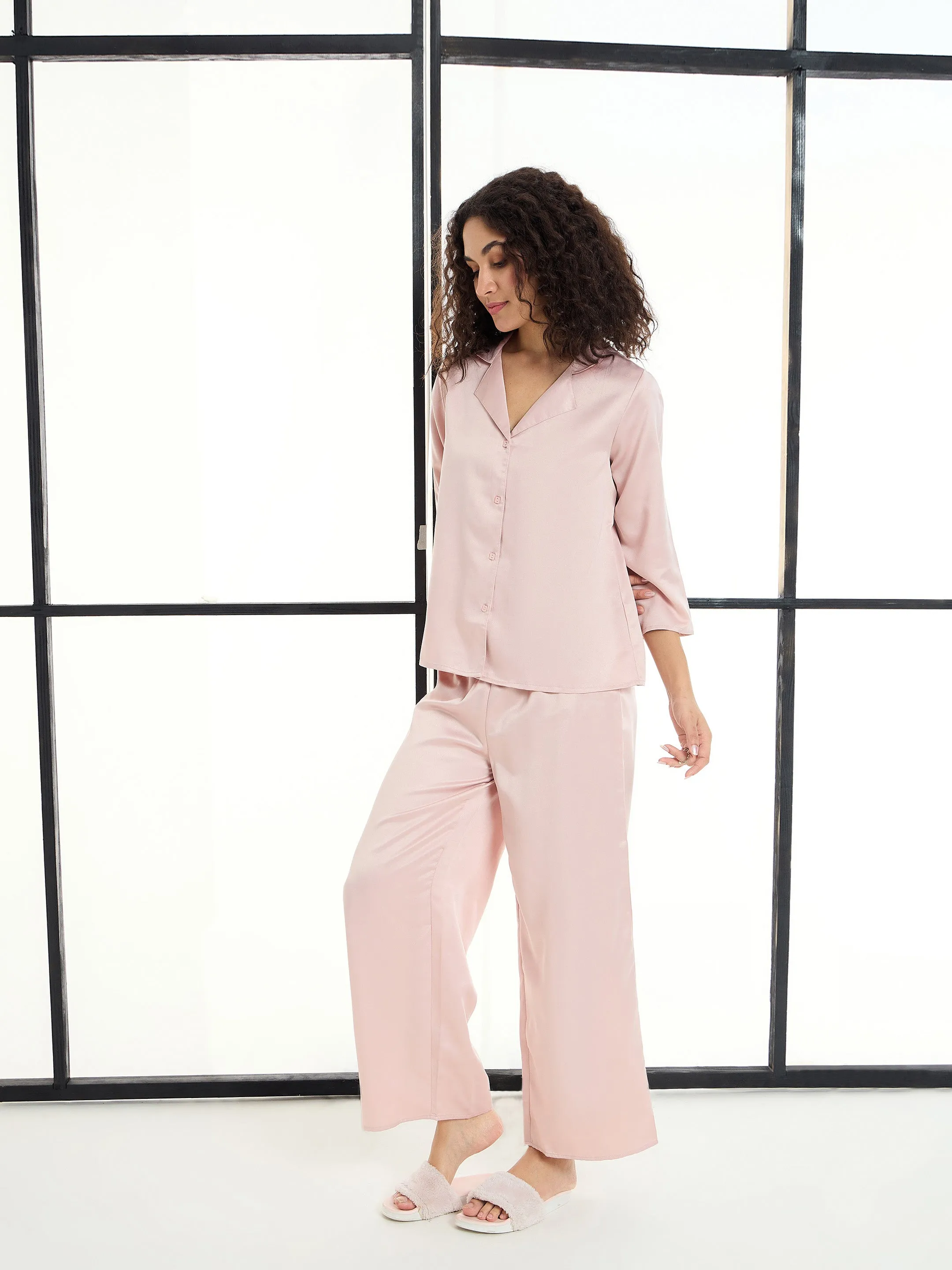 Women Pink Satin Notch Collar Shirt With Lounge Pants