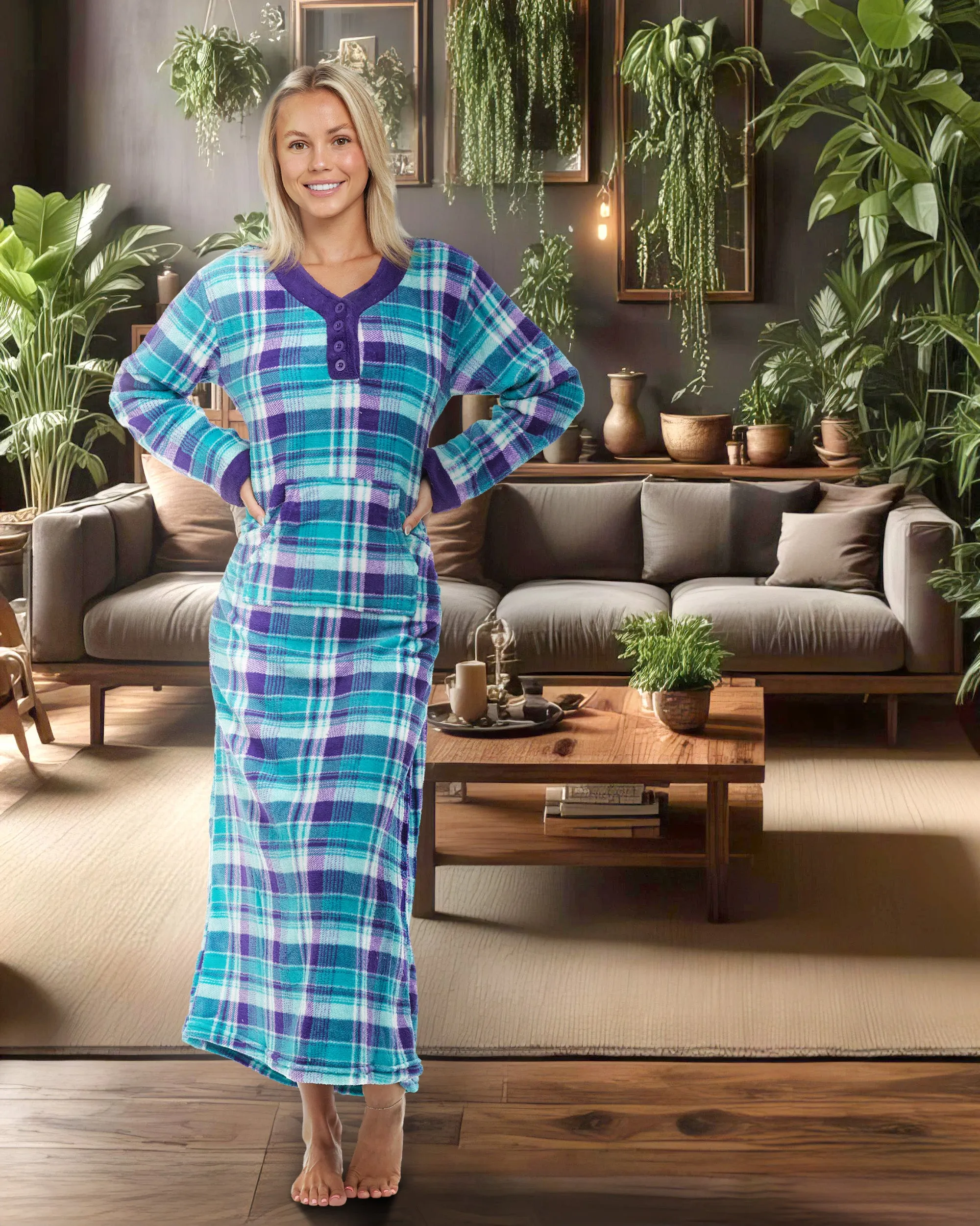 Women's Warm Fleece Long Nightgown, Long Kaftan with Pockets for Winter