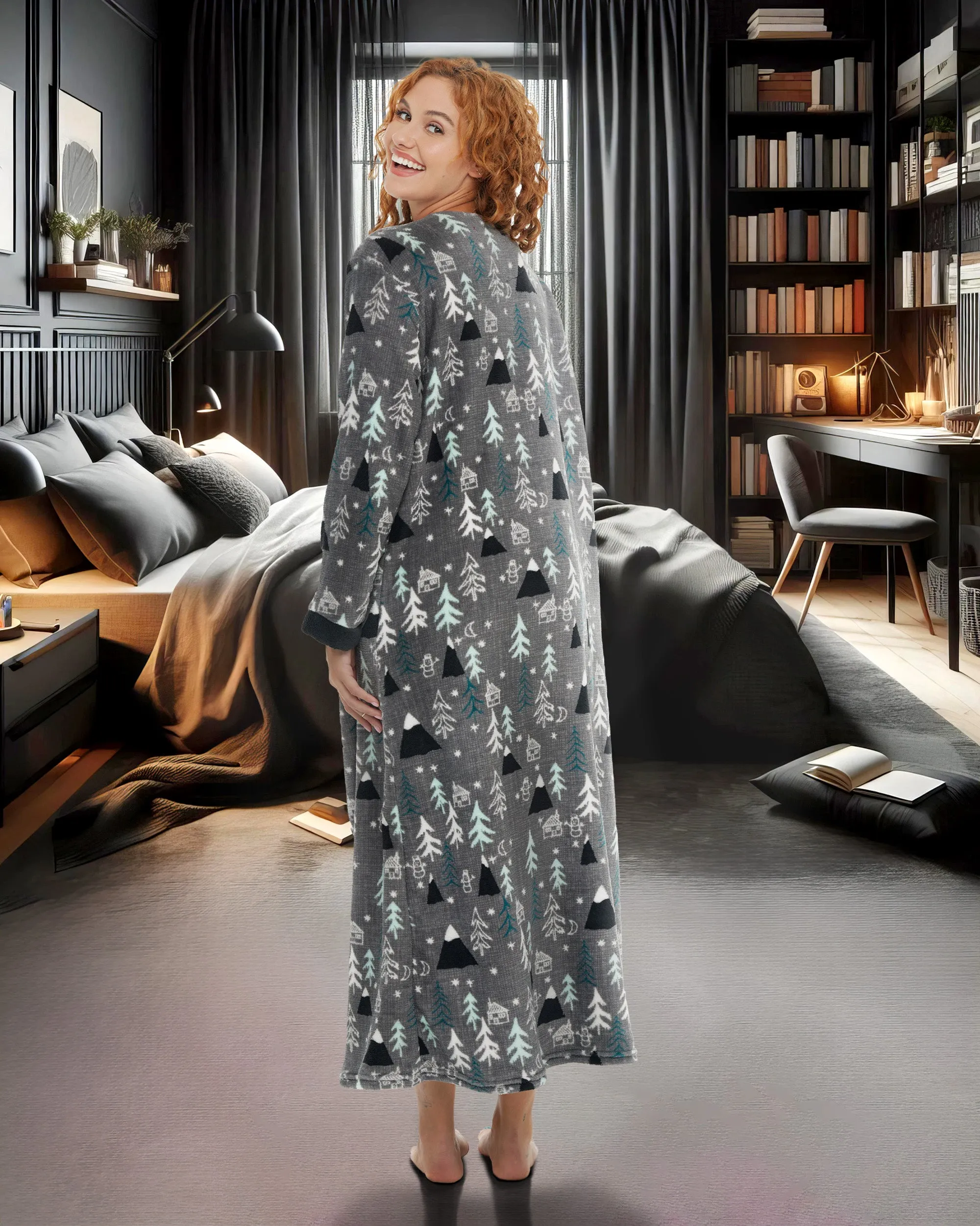 Women's Warm Fleece Long Nightgown, Long Kaftan with Pockets for Winter