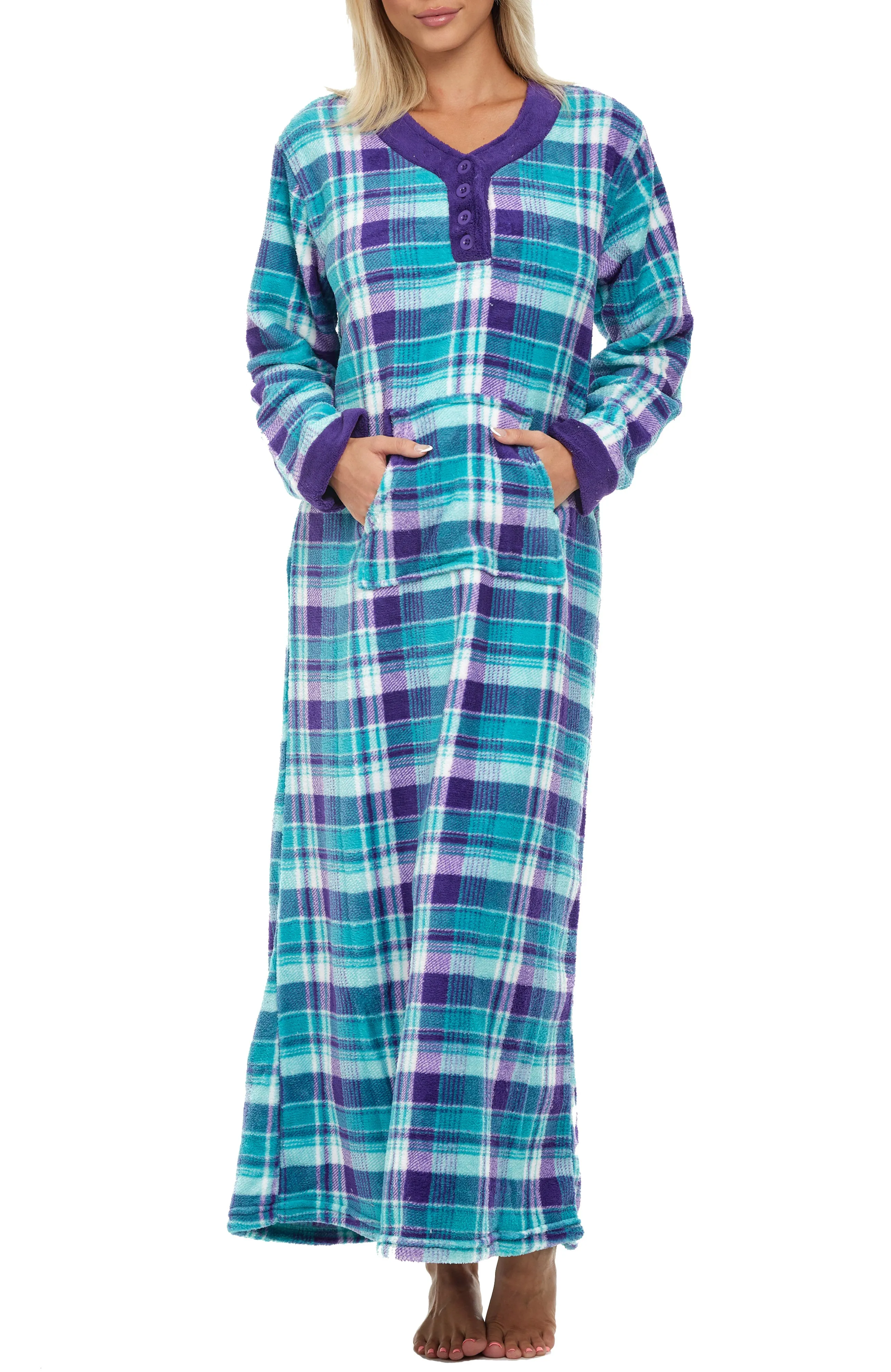 Women's Warm Fleece Long Nightgown, Long Kaftan with Pockets for Winter