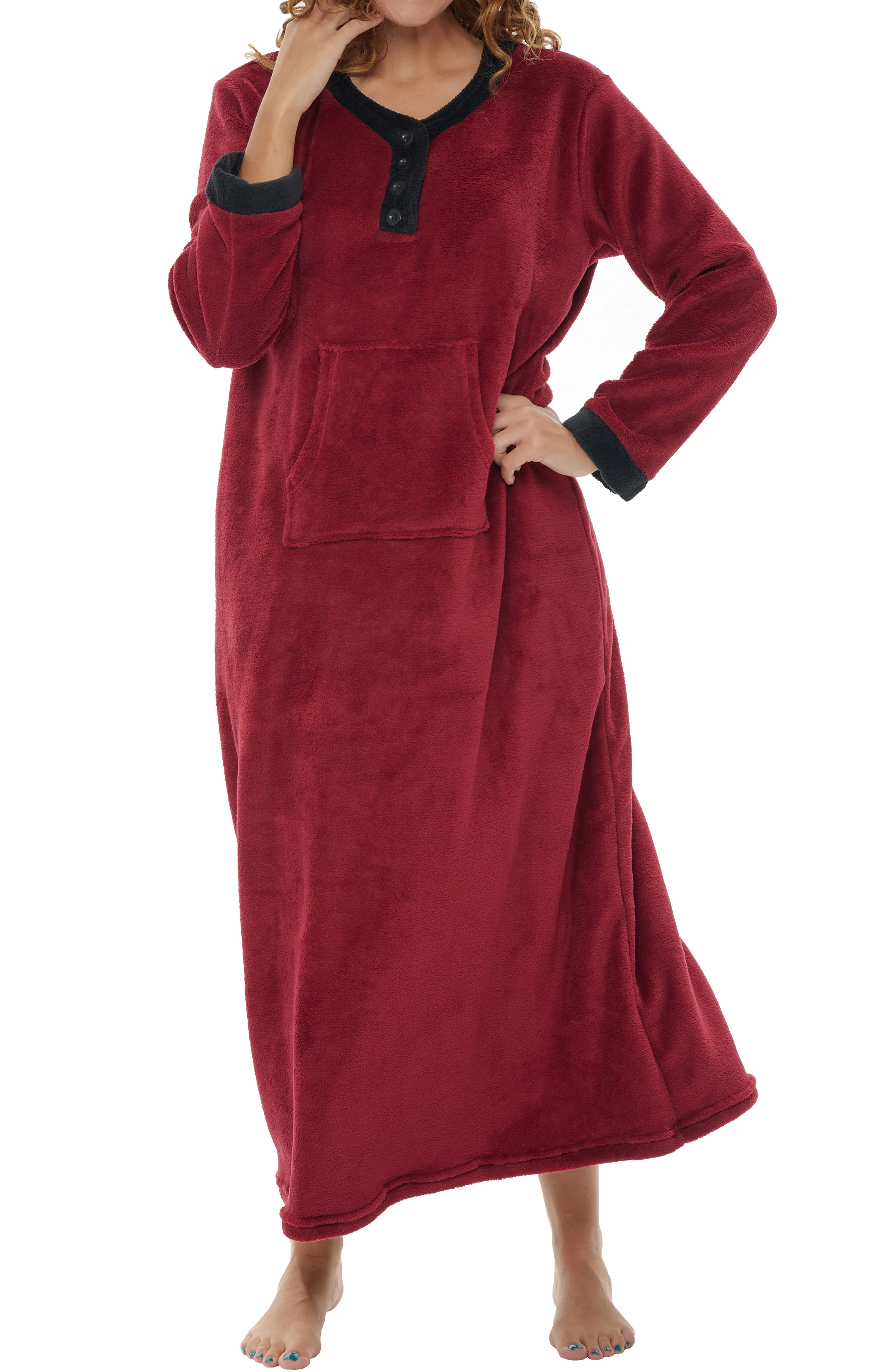 Women's Warm Fleece Long Nightgown, Long Kaftan with Pockets for Winter