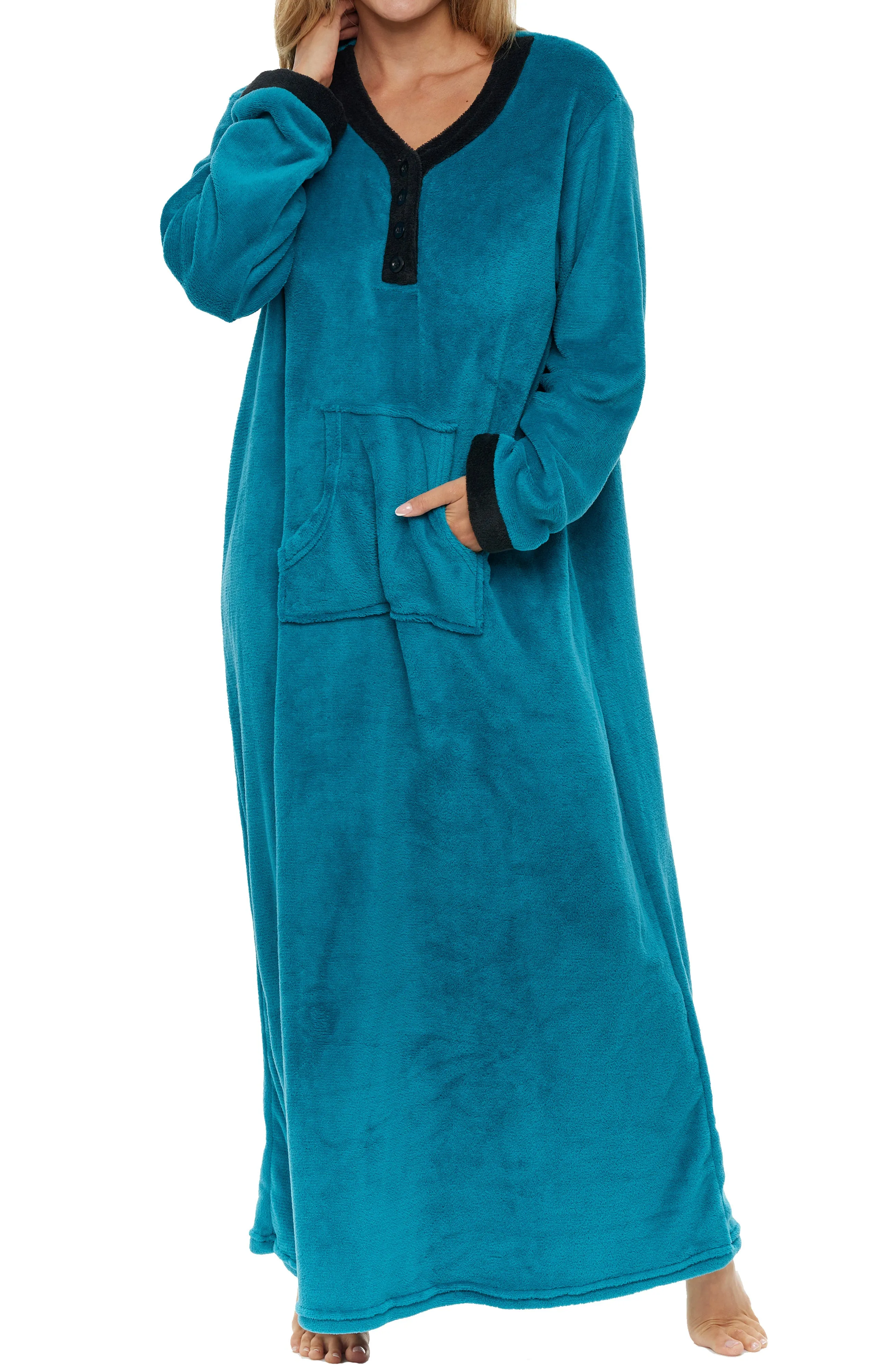 Women's Warm Fleece Long Nightgown, Long Kaftan with Pockets for Winter