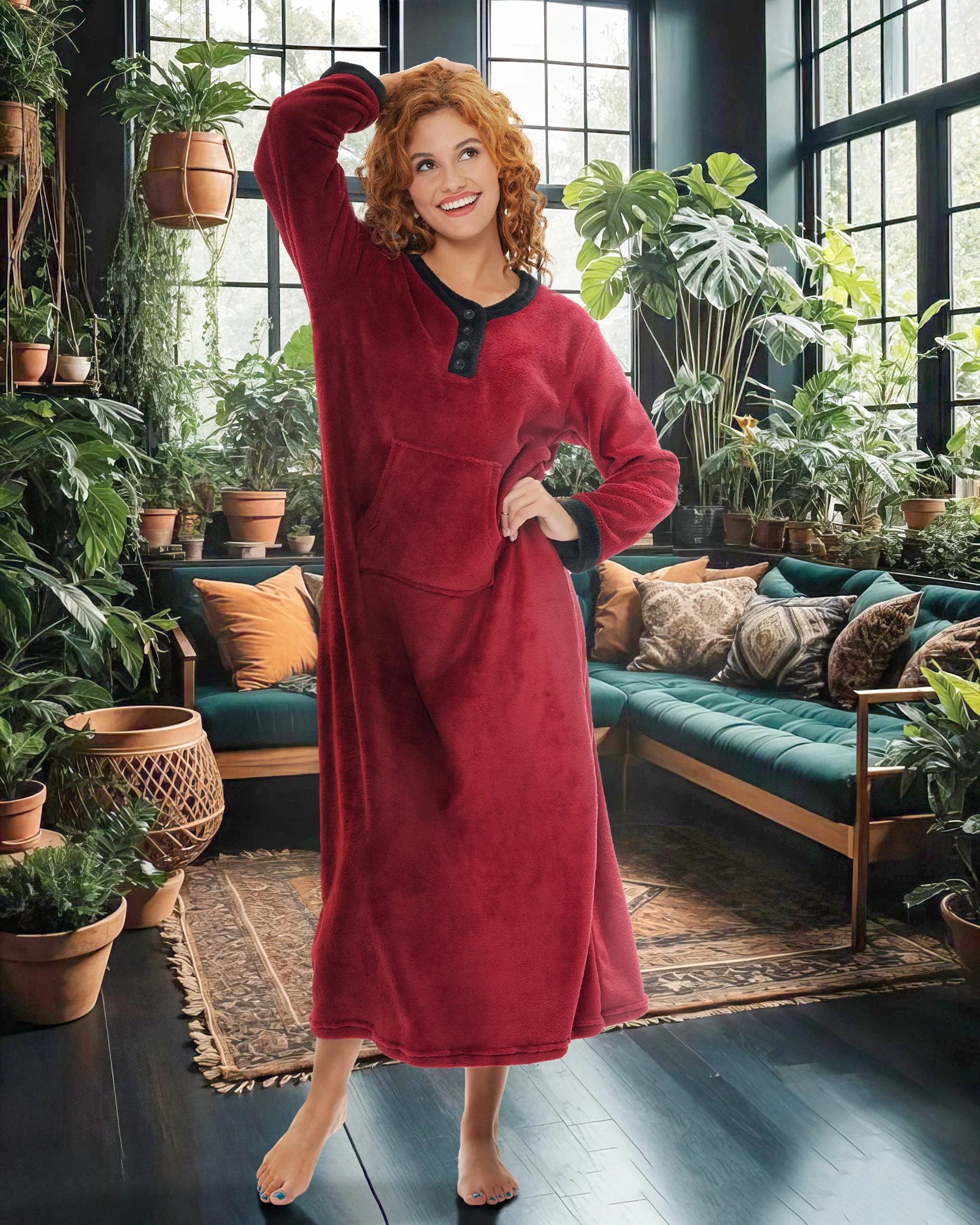 Women's Warm Fleece Long Nightgown, Long Kaftan with Pockets for Winter